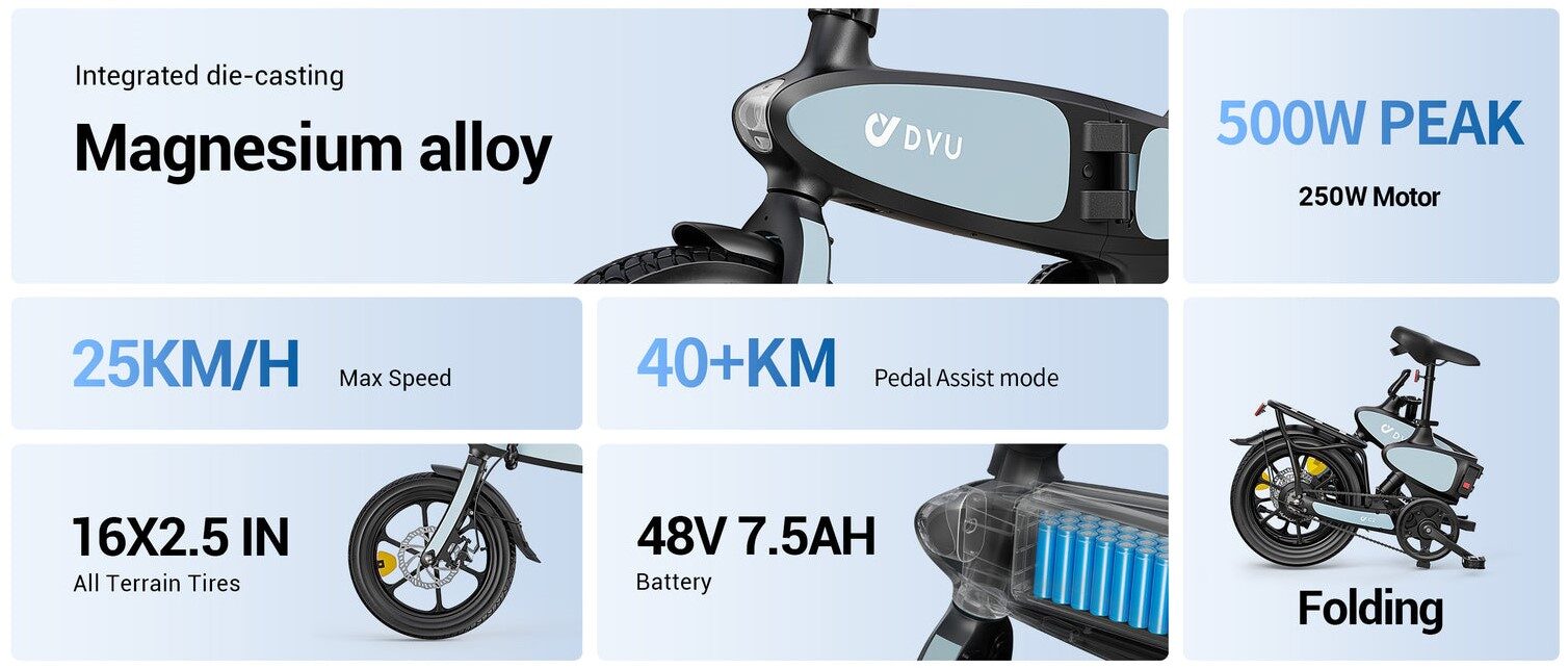 DYU C2 16in Folding E-Bike, 250W, 40KM Range 2