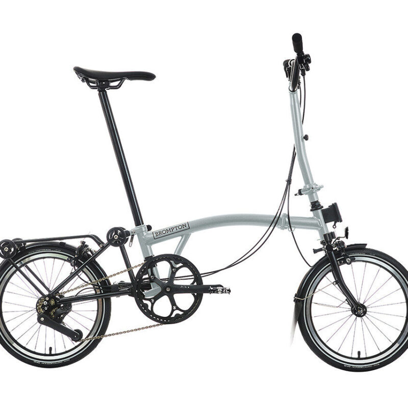 Brompton P Line 12-Speed Folding Bike with Roller Frame | Lunar Ice, Titanium Frame